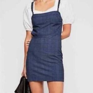 Free People blue black plaid pinafore strappy back dress size XS